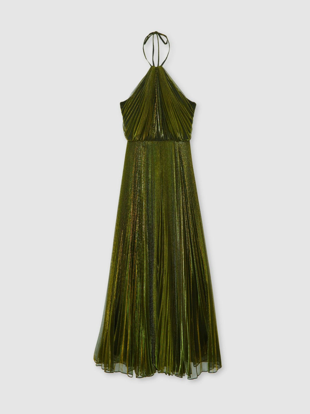 Reiss Best Seller - Halston Metallic Pleated Maxi Dress in Dark Olive Green