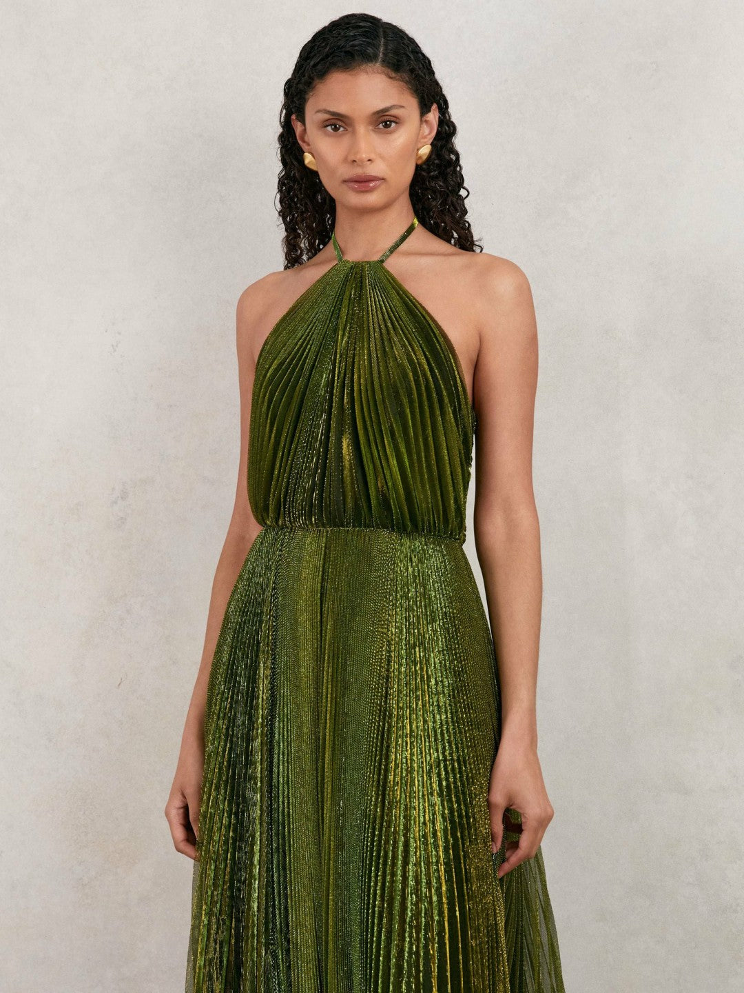 Reiss Best Seller - Halston Metallic Pleated Maxi Dress in Dark Olive Green