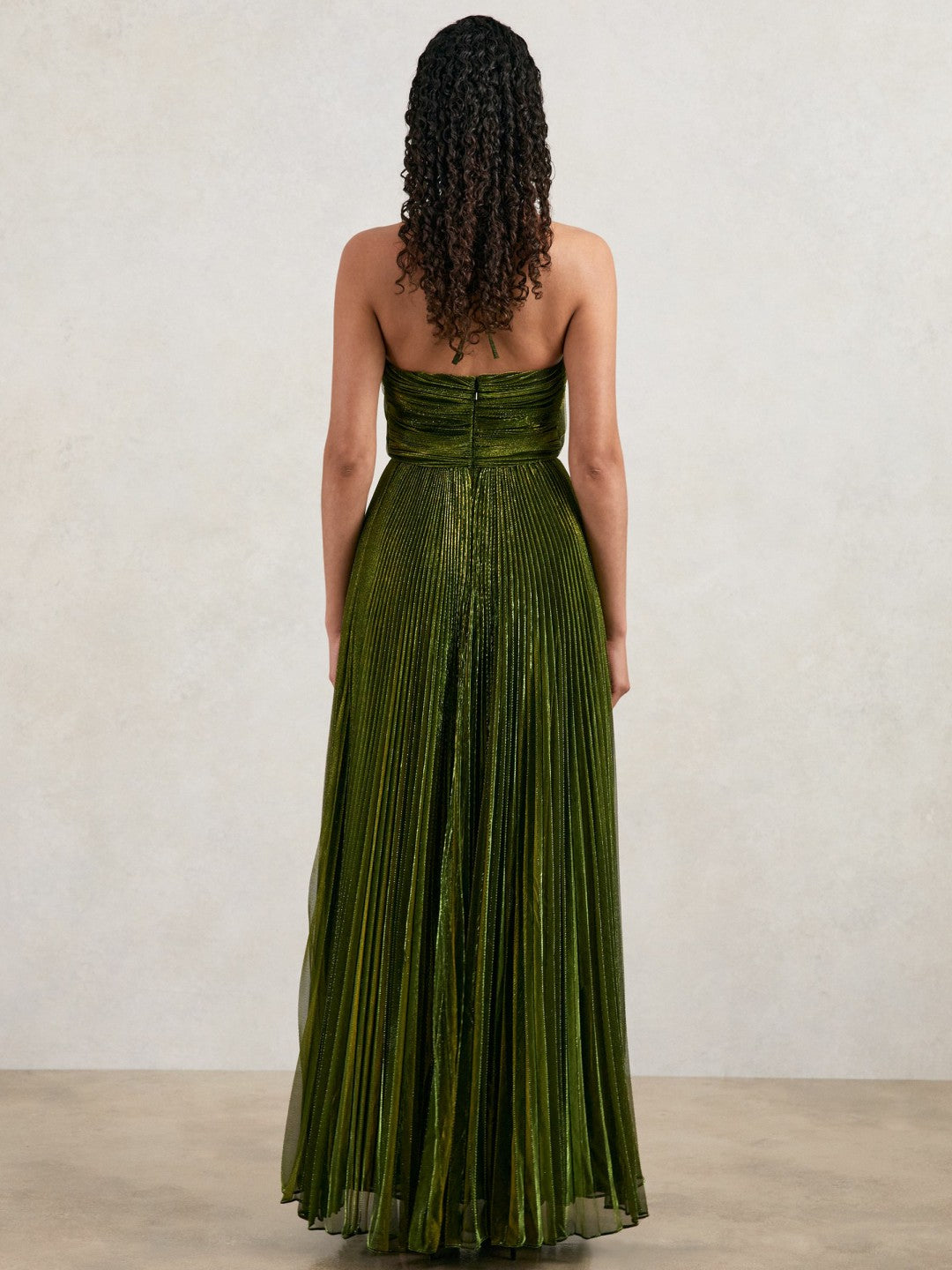 Reiss Best Seller - Halston Metallic Pleated Maxi Dress in Dark Olive Green