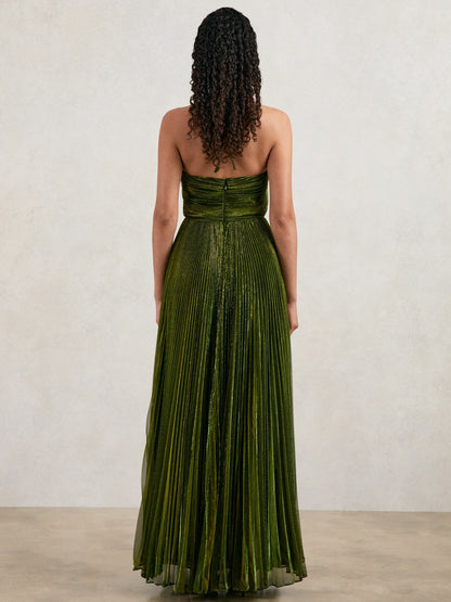 Reiss Best Seller - Halston Metallic Pleated Maxi Dress in Dark Olive Green
