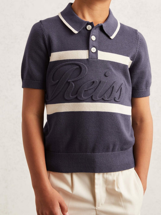 Reiss 9-13 yrs Cotton Logo-Embossed Knit Polo Shirt in Indigo Blue/White