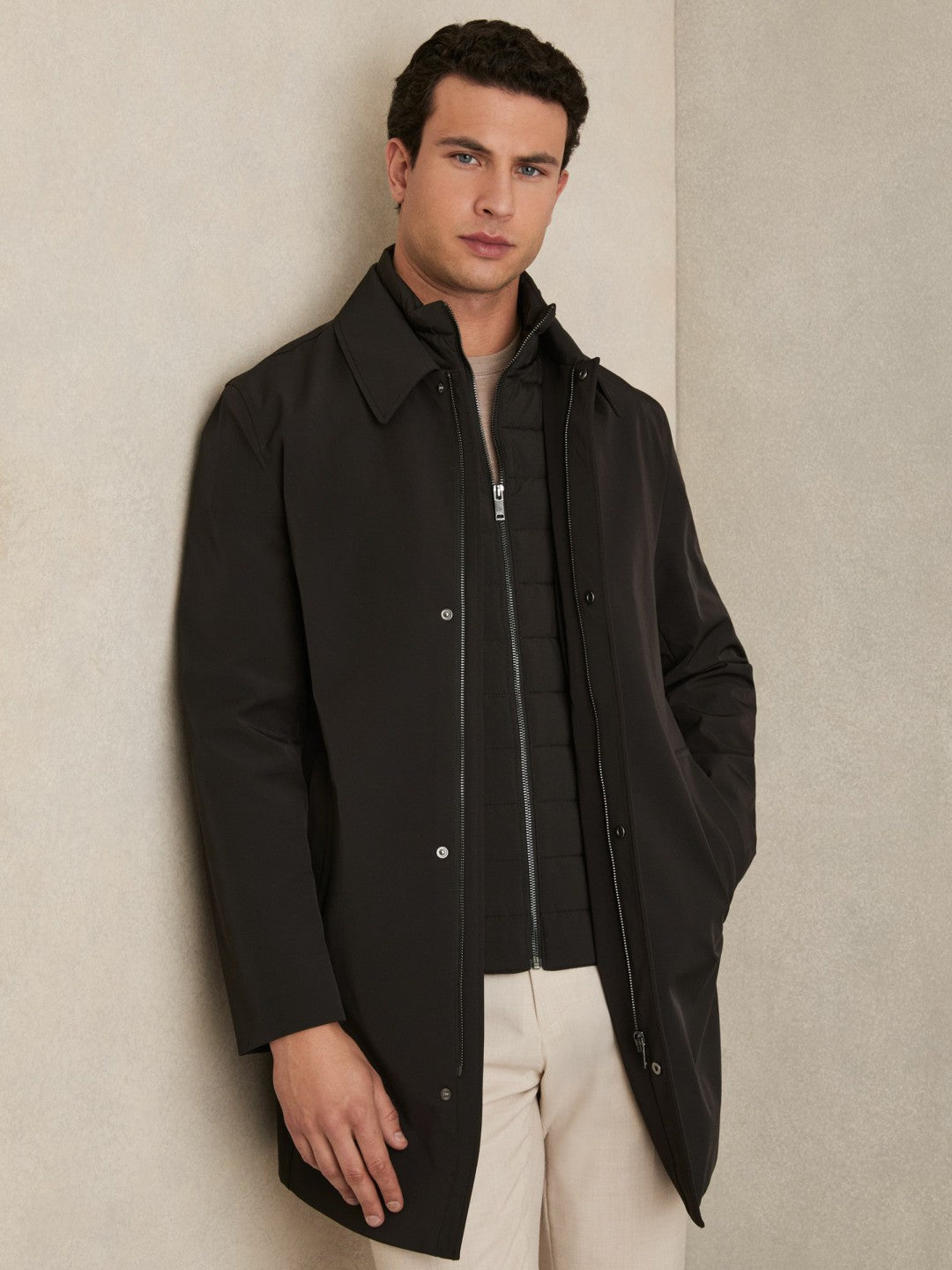 Reiss Offer - Hybrid Removable Funnel Neck Overcoat in Brown