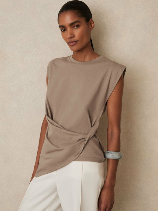 Reiss Cotton Drape T-Shirt in Taupe Neutral