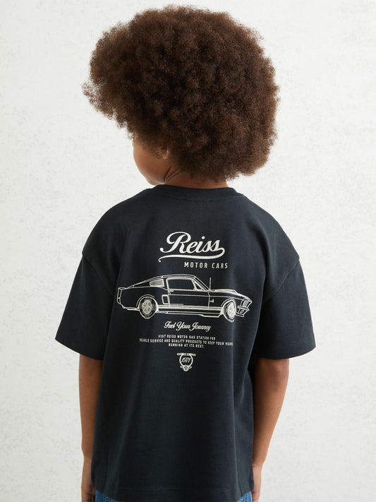 Reiss 3-9 yrs Cotton Motor Cars-Print T-Shirt in Washed Blue/White