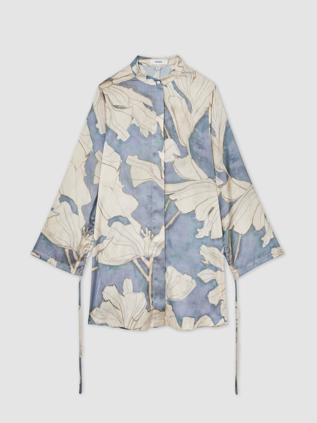 Reiss Floral Print Gathered Cut Out Shirt Dress in Blue