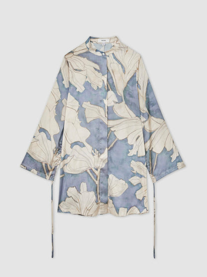 Reiss Floral Print Gathered Cut Out Shirt Dress in Blue