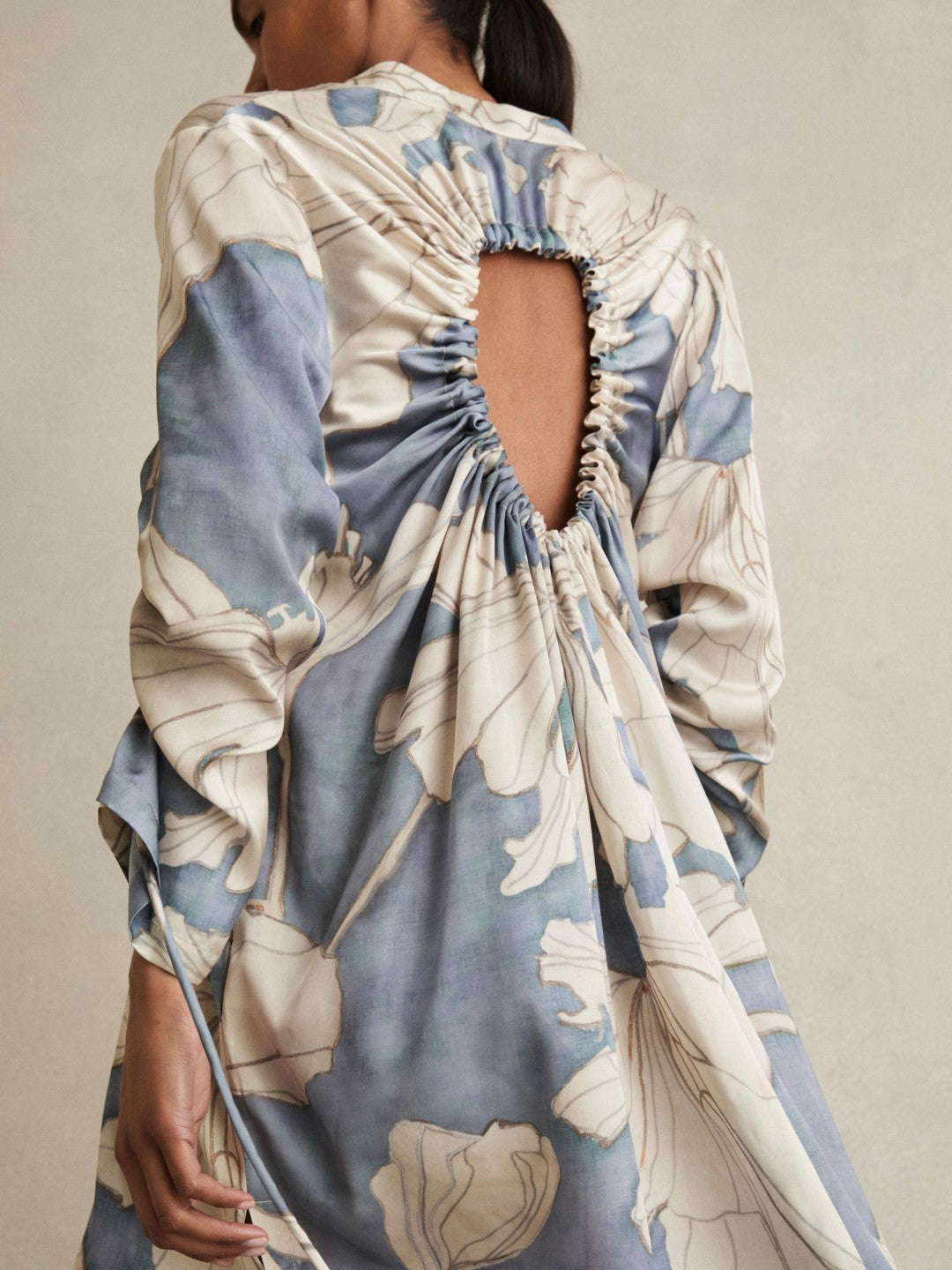 Reiss Floral Print Gathered Cut Out Shirt Dress in Blue