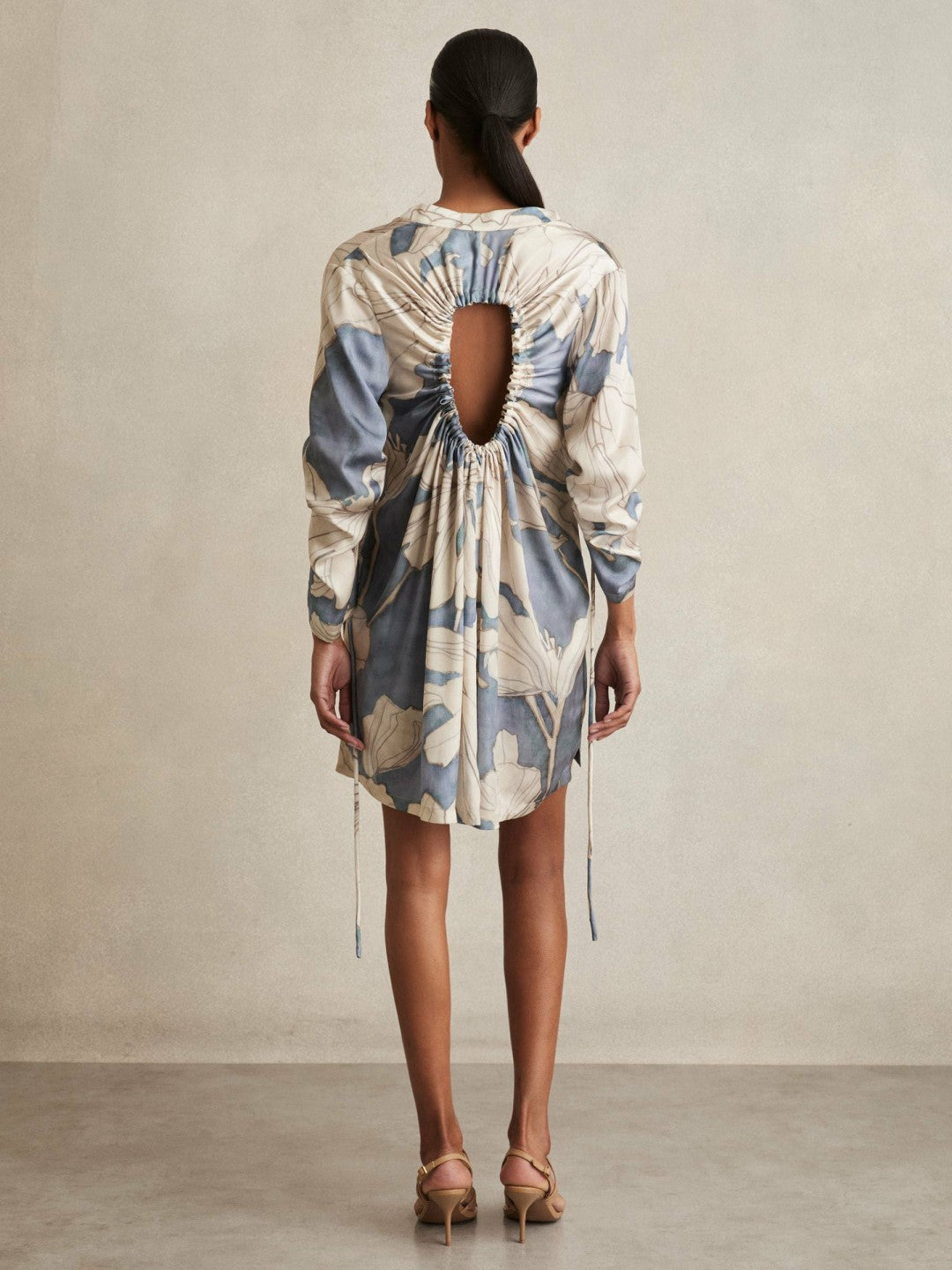 Reiss Floral Print Gathered Cut Out Shirt Dress in Blue