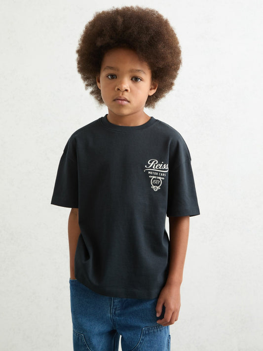 Reiss Cotton Motor Cars-Print T-Shirt in Blue