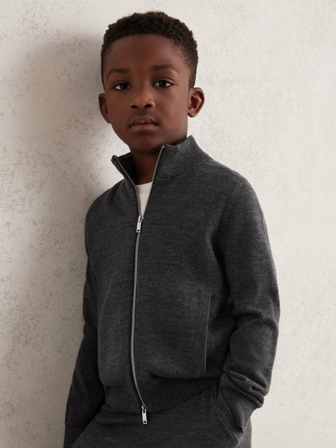 Reiss 13-14 yrs Merino Wool-Blend Zip-Through Cardigan in Derby Grey Melange