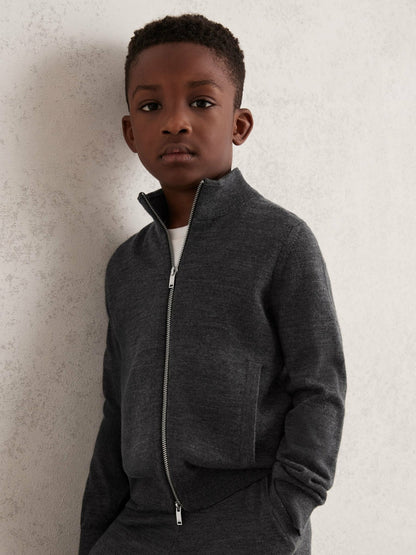 Reiss 13-14 yrs Merino Wool-Blend Zip-Through Cardigan in Derby Grey Melange