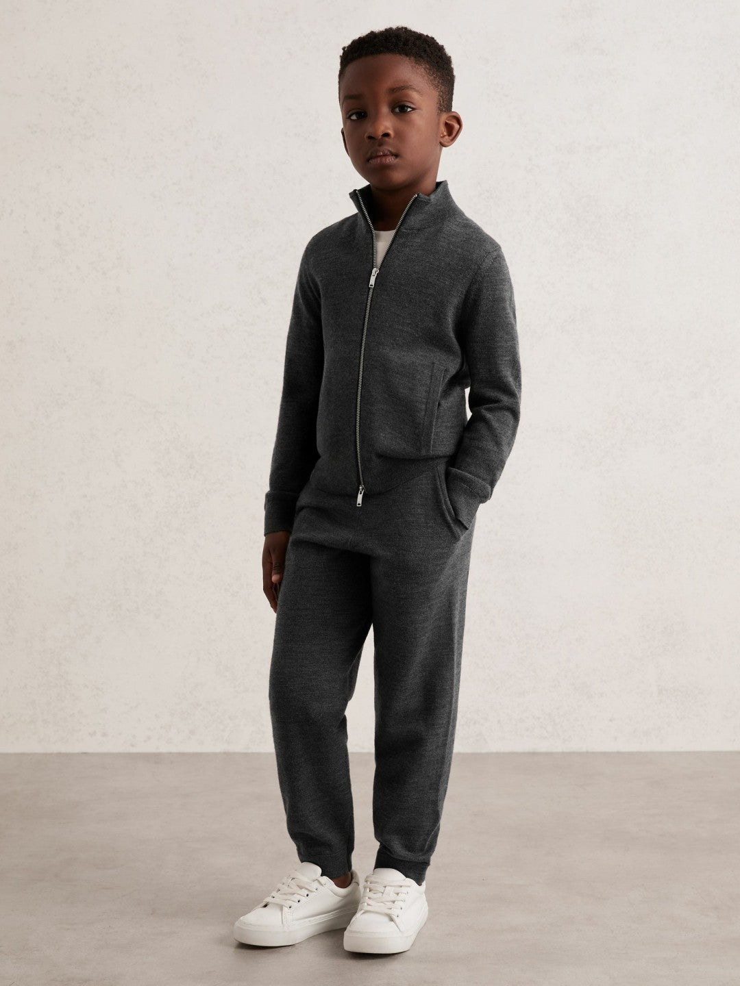 Reiss 13-14 yrs Merino Wool-Blend Zip-Through Cardigan in Derby Grey Melange