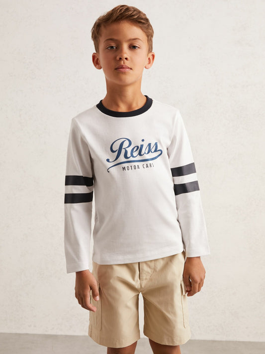 Reiss Affordable - 9-13 yrs Cotton Motor Cars Logo T-Shirt in White/Blue
