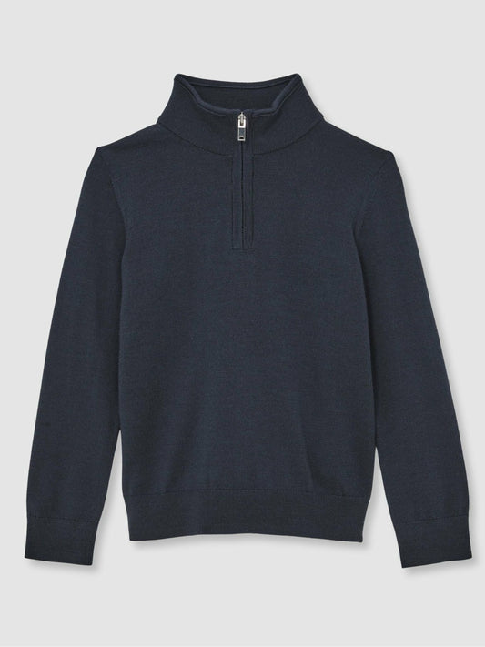 Reiss Popular Choice - 13-14 yrs Merino Wool Half-Zip Funnel Neck Jumper in Midnight Navy