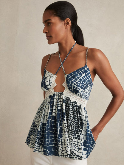 Reiss Best Seller - Animal Print Lace Trim Cami Top in Blue