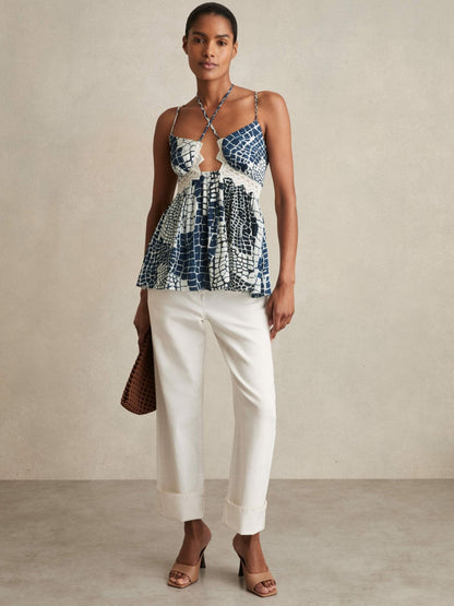 Reiss Best Seller - Animal Print Lace Trim Cami Top in Blue