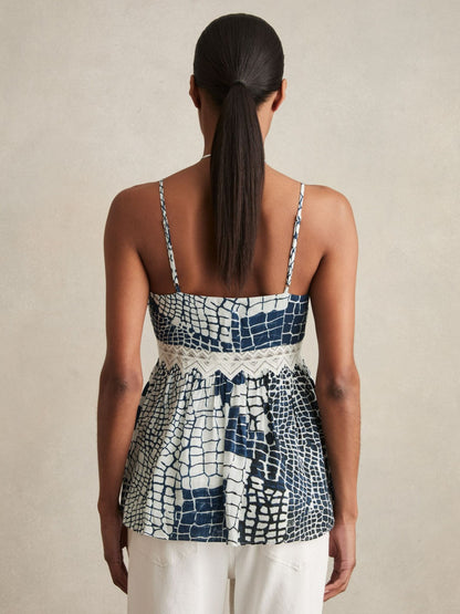 Reiss Best Seller - Animal Print Lace Trim Cami Top in Blue
