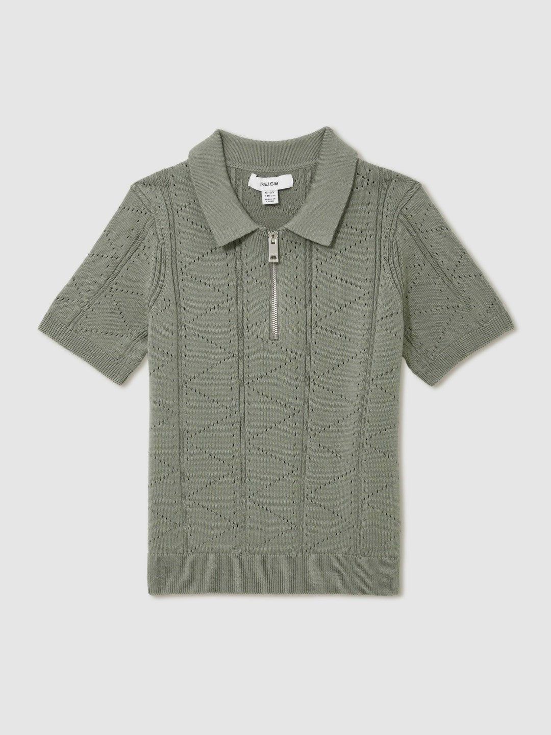 Reiss Deal - 13-14 yrs Half-Zip Pointelle Polo Shirt in Sage