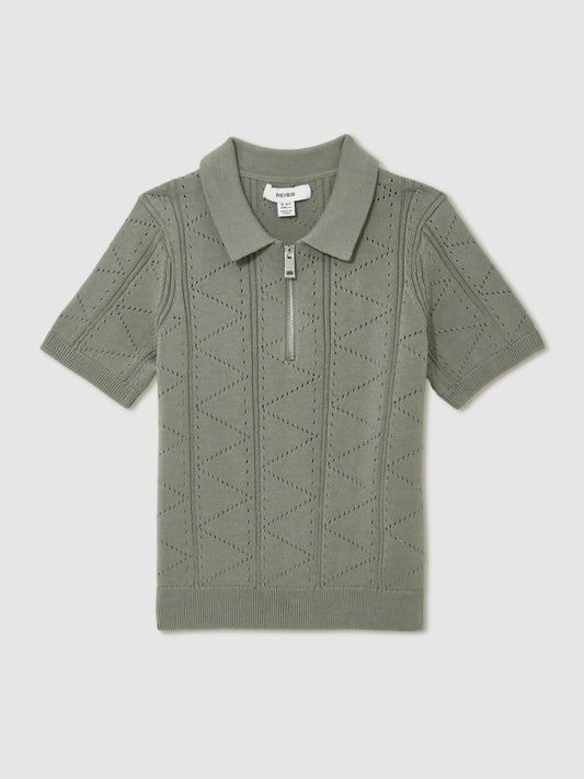 Reiss Deal - 13-14 yrs Half-Zip Pointelle Polo Shirt in Sage
