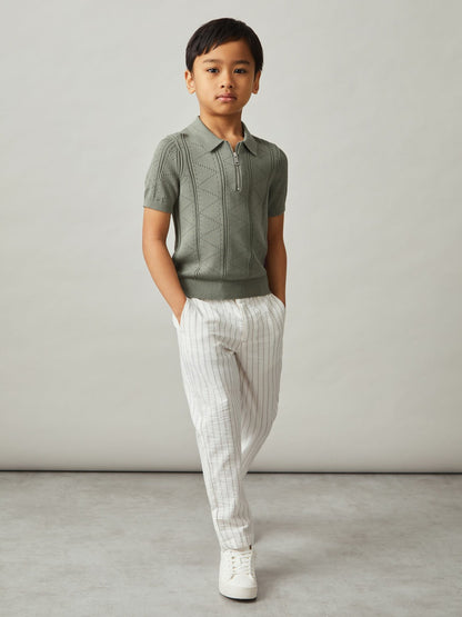 Reiss Deal - 13-14 yrs Half-Zip Pointelle Polo Shirt in Sage