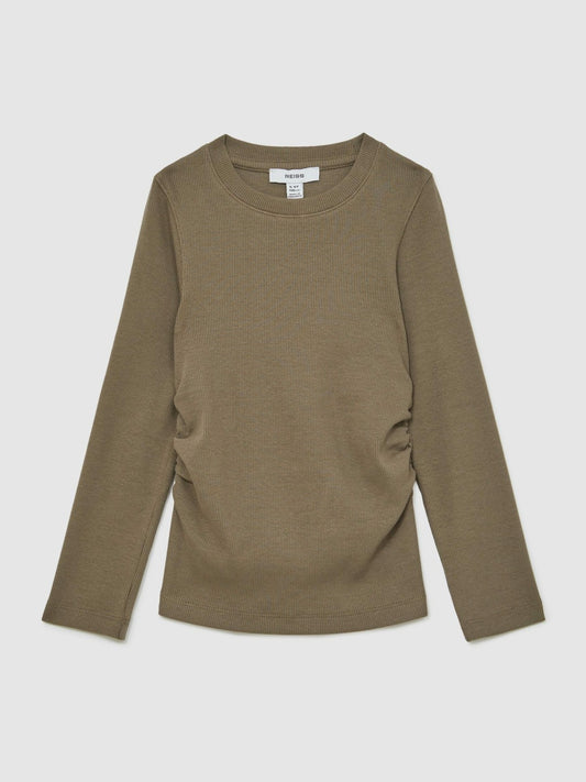 Reiss Savings - 13-14 yrs Cotton Ruched Long-Sleeve T-Shirt with Stretch in Khaki