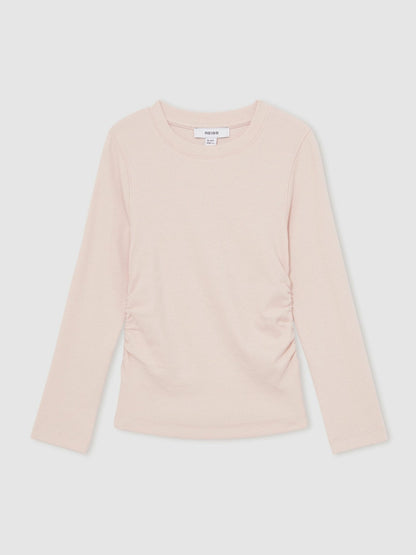 Reiss Sale - 13-14 yrs Cotton Ruched Long-Sleeve T-Shirt with Stretch in Pale Pink
