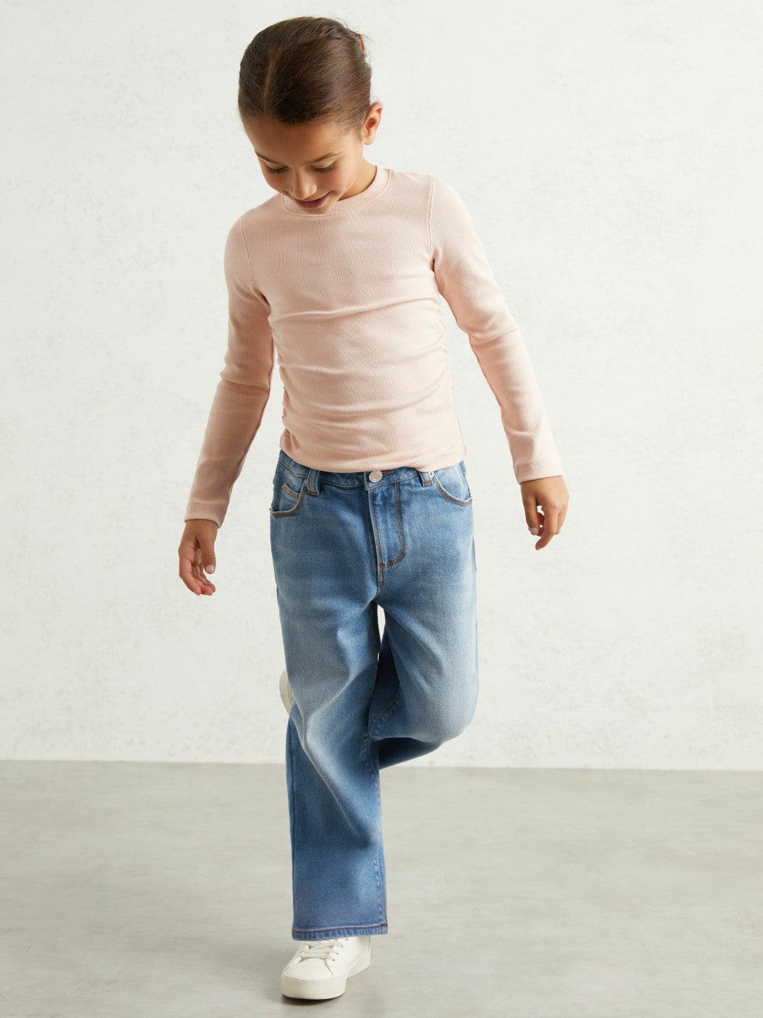 Reiss Sale - 13-14 yrs Cotton Ruched Long-Sleeve T-Shirt with Stretch in Pale Pink