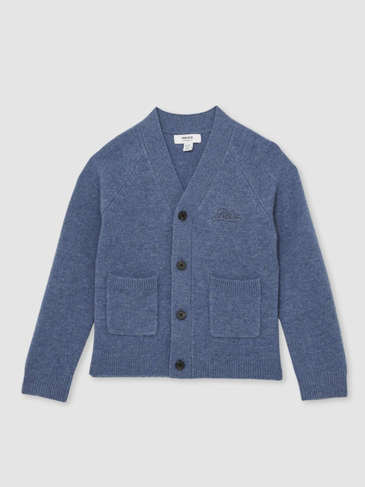 Reiss Best Seller - 13-14 yrs Wool Embroidered-Logo Cardigan in Dark Airforce Blue
