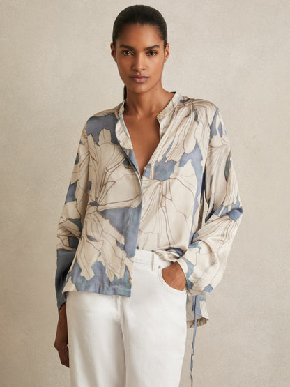Reiss Popular Choice - Floral Print Gathered Cut Out Shirt in Blue