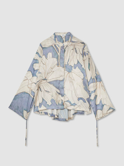 Reiss Popular Choice - Floral Print Gathered Cut Out Shirt in Blue