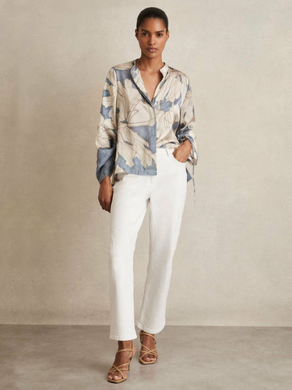 Reiss Popular Choice - Floral Print Gathered Cut Out Shirt in Blue