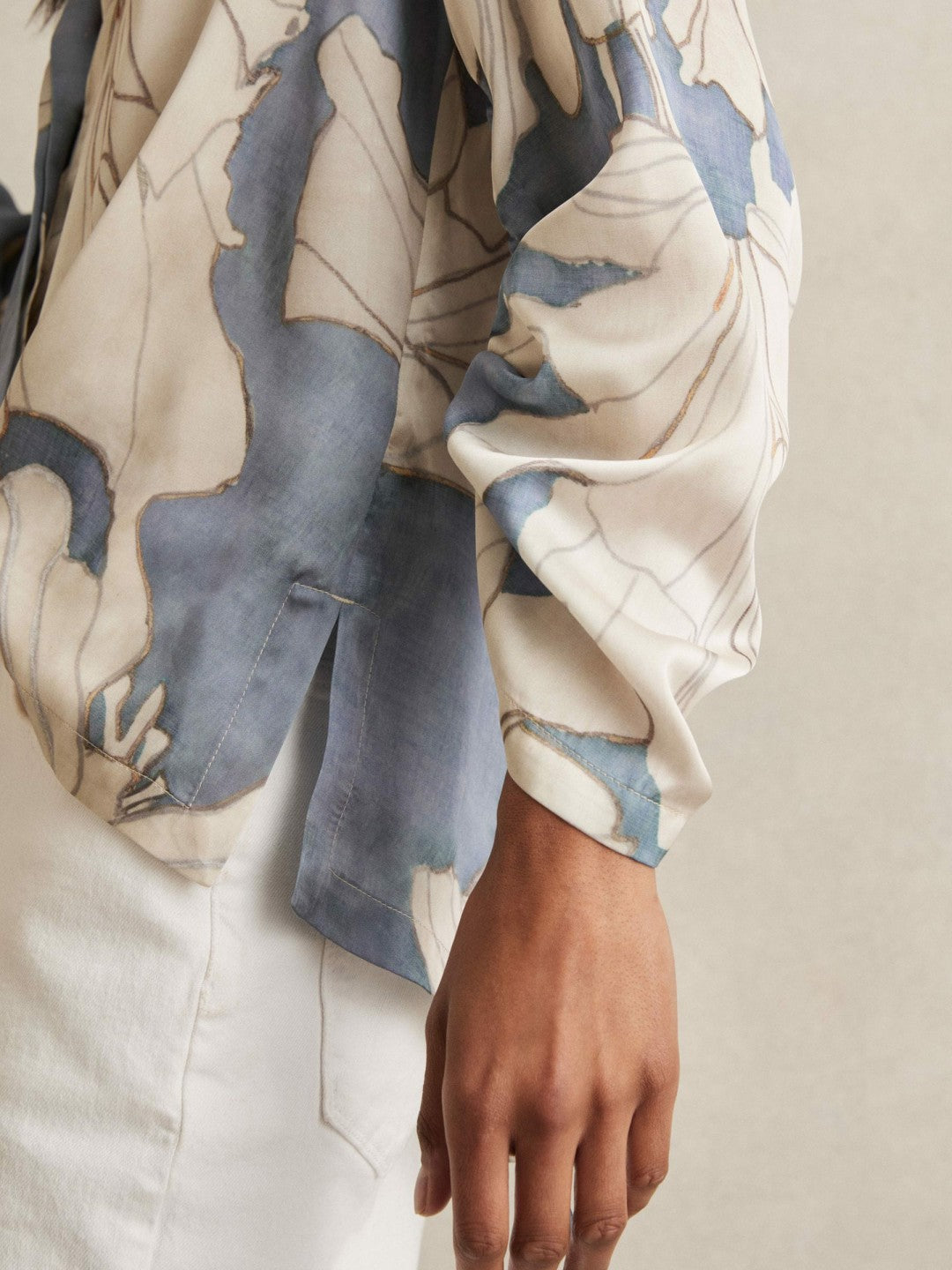 Reiss Popular Choice - Floral Print Gathered Cut Out Shirt in Blue
