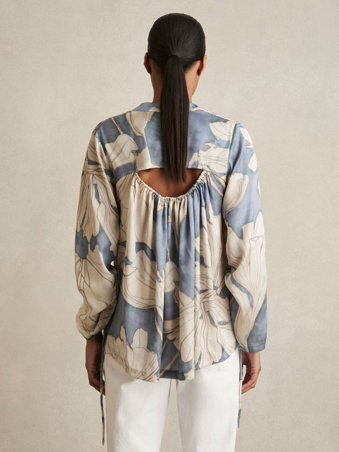 Reiss Popular Choice - Floral Print Gathered Cut Out Shirt in Blue