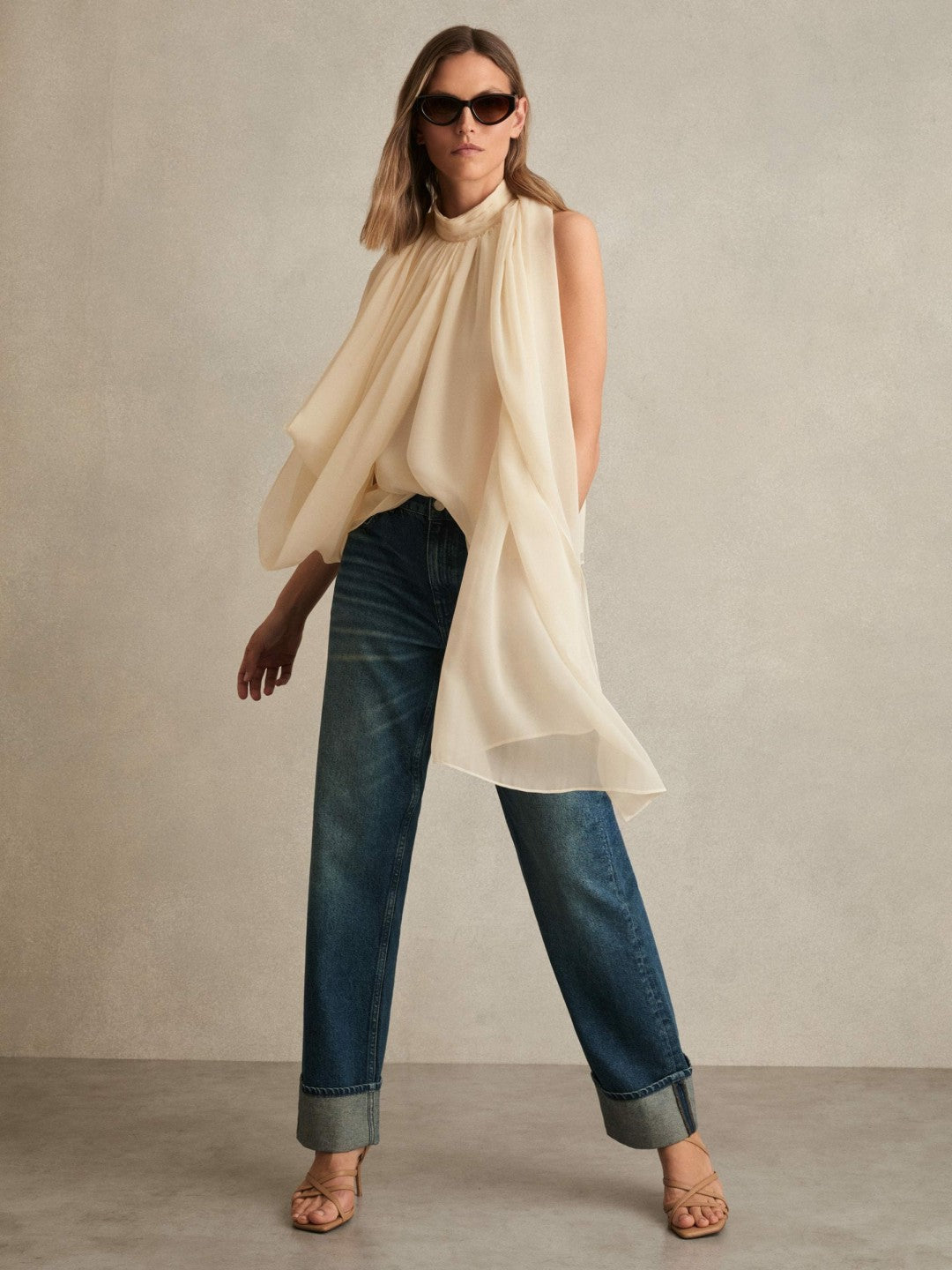 Reiss Offer - Draped Chiffon Sleeveless Top in Ivory
