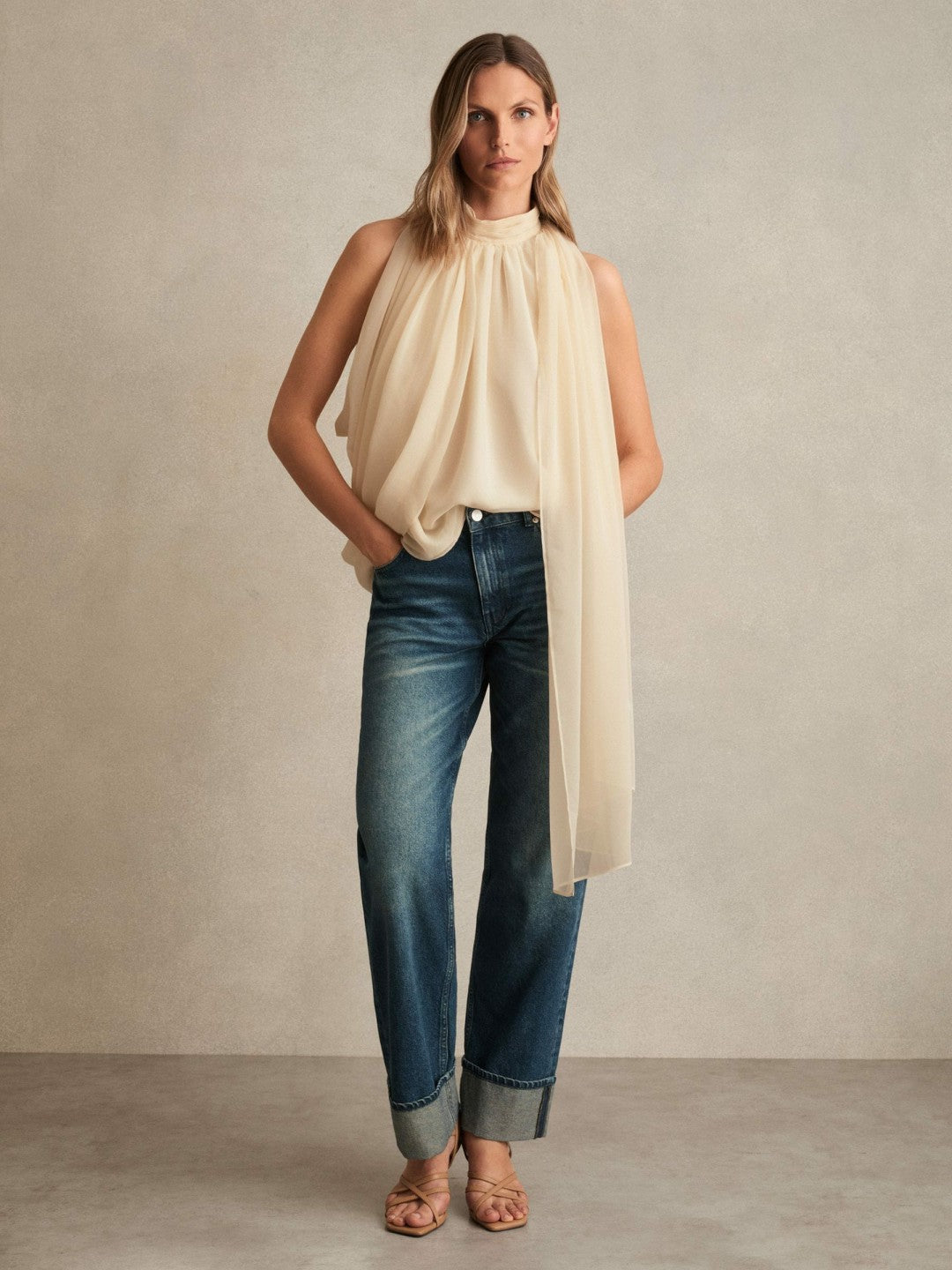 Reiss Offer - Draped Chiffon Sleeveless Top in Ivory