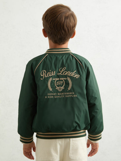 Reiss 3-9 yrs Motor Cars Embroidered Bomber Jacket in Forest Green/Off White
