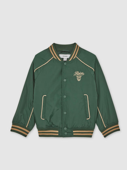 Reiss 3-9 yrs Motor Cars Embroidered Bomber Jacket in Forest Green/Off White