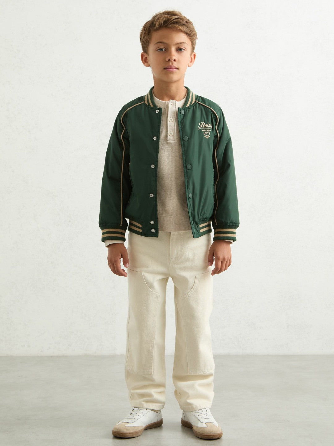 Reiss 3-9 yrs Motor Cars Embroidered Bomber Jacket in Forest Green/Off White