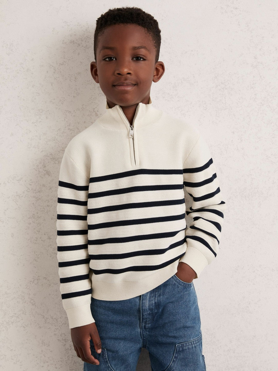 Reiss 13-14 yrs Cotton-Blend Stripe Half-Zip Jumper in White