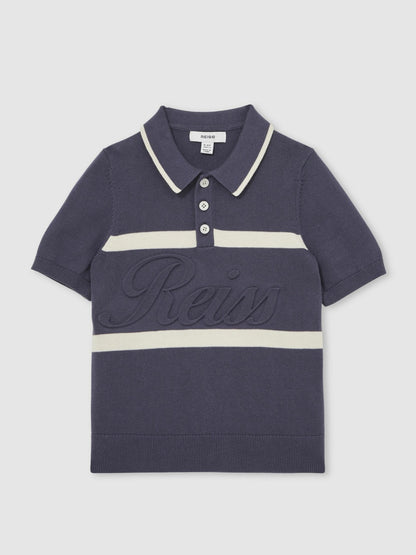 Reiss Sale - 13-14 yrs Cotton Logo-Embossed Knit Polo Shirt in Indigo Blue/White
