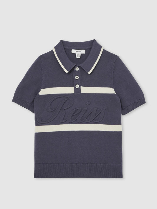 Reiss Sale - 13-14 yrs Cotton Logo-Embossed Knit Polo Shirt in Indigo Blue/White