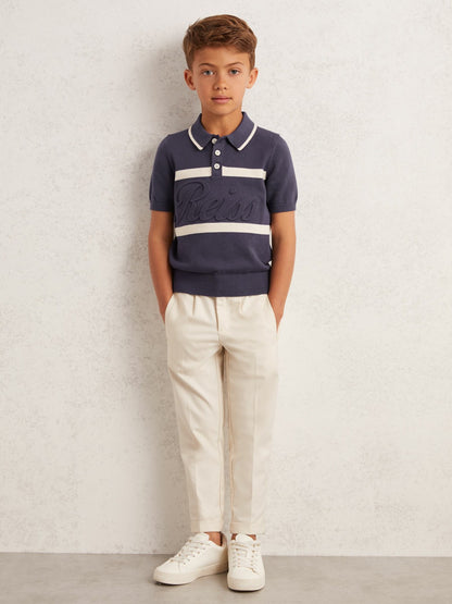 Reiss Sale - 13-14 yrs Cotton Logo-Embossed Knit Polo Shirt in Indigo Blue/White