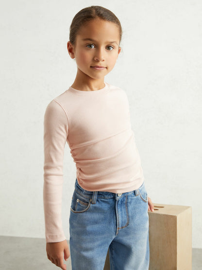 Reiss Best Seller - 4-9 yrs Cotton Ruched Long-Sleeve T-Shirt with Stretch in Pale Pink