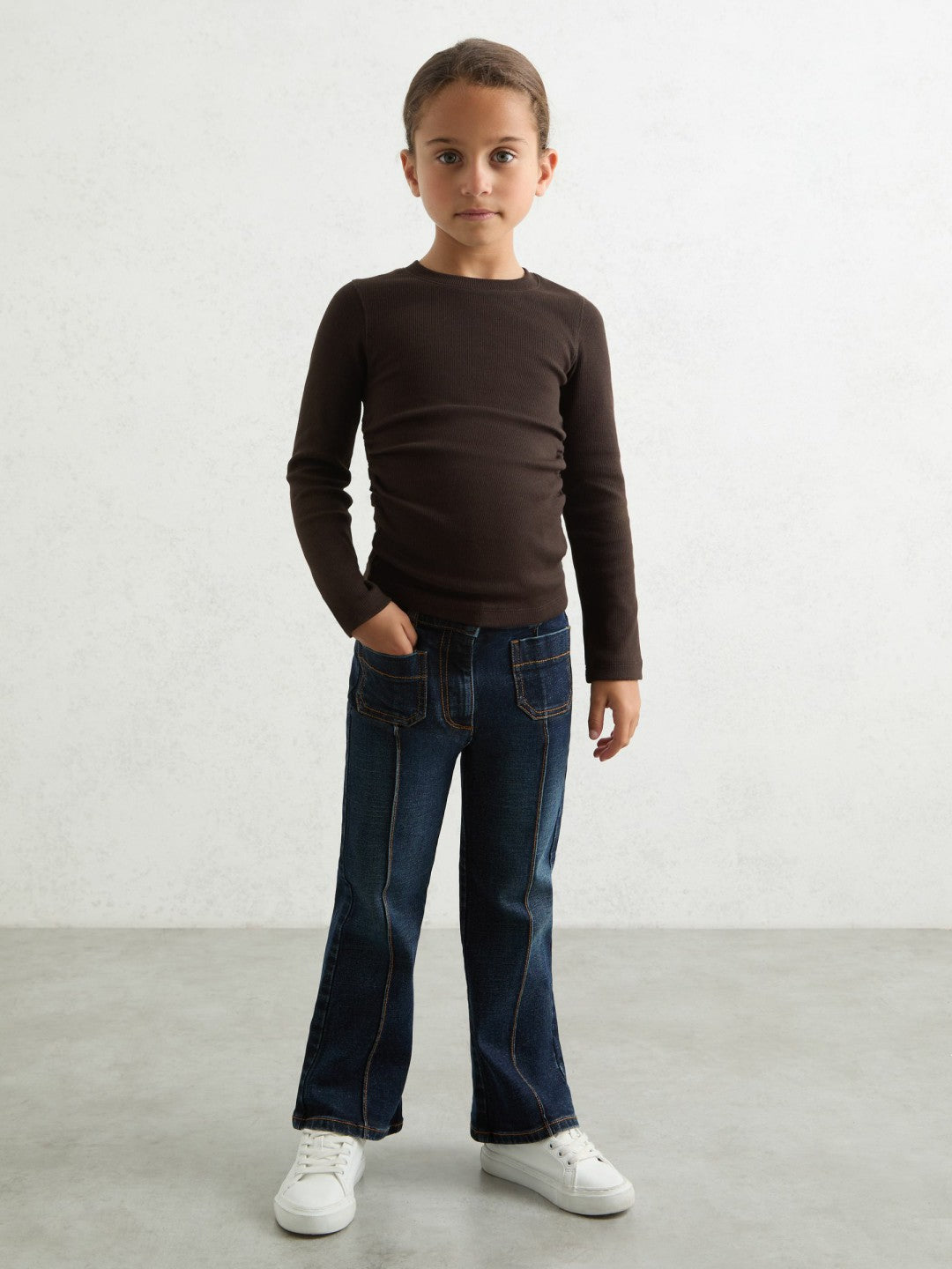 Reiss Value - 9-13 yrs Cotton Ruched Long-Sleeve T-Shirt with Stretch in Chocolate