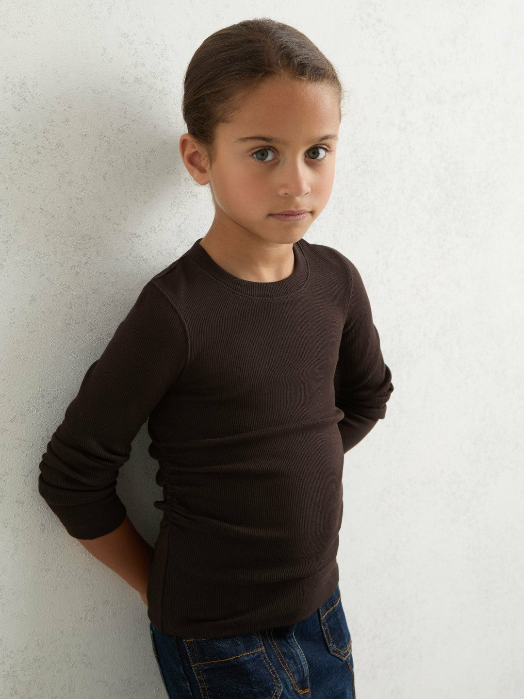 Reiss Value - 9-13 yrs Cotton Ruched Long-Sleeve T-Shirt with Stretch in Chocolate