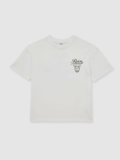 Reiss 13-14 yrs Cotton Motor Cars-Print T-Shirt in White/Green