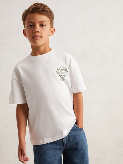 Reiss 13-14 yrs Cotton Motor Cars-Print T-Shirt in White/Green