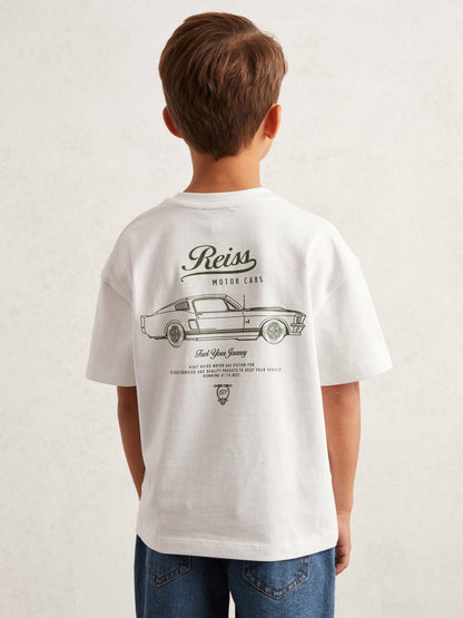 Reiss 13-14 yrs Cotton Motor Cars-Print T-Shirt in White/Green