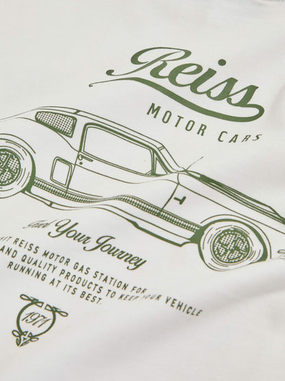 Reiss 13-14 yrs Cotton Motor Cars-Print T-Shirt in White/Green