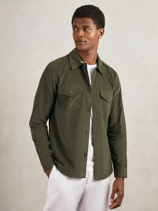 Reiss Sale - Cotton Corduroy Twin-Pocket Overshirt in Khaki Green